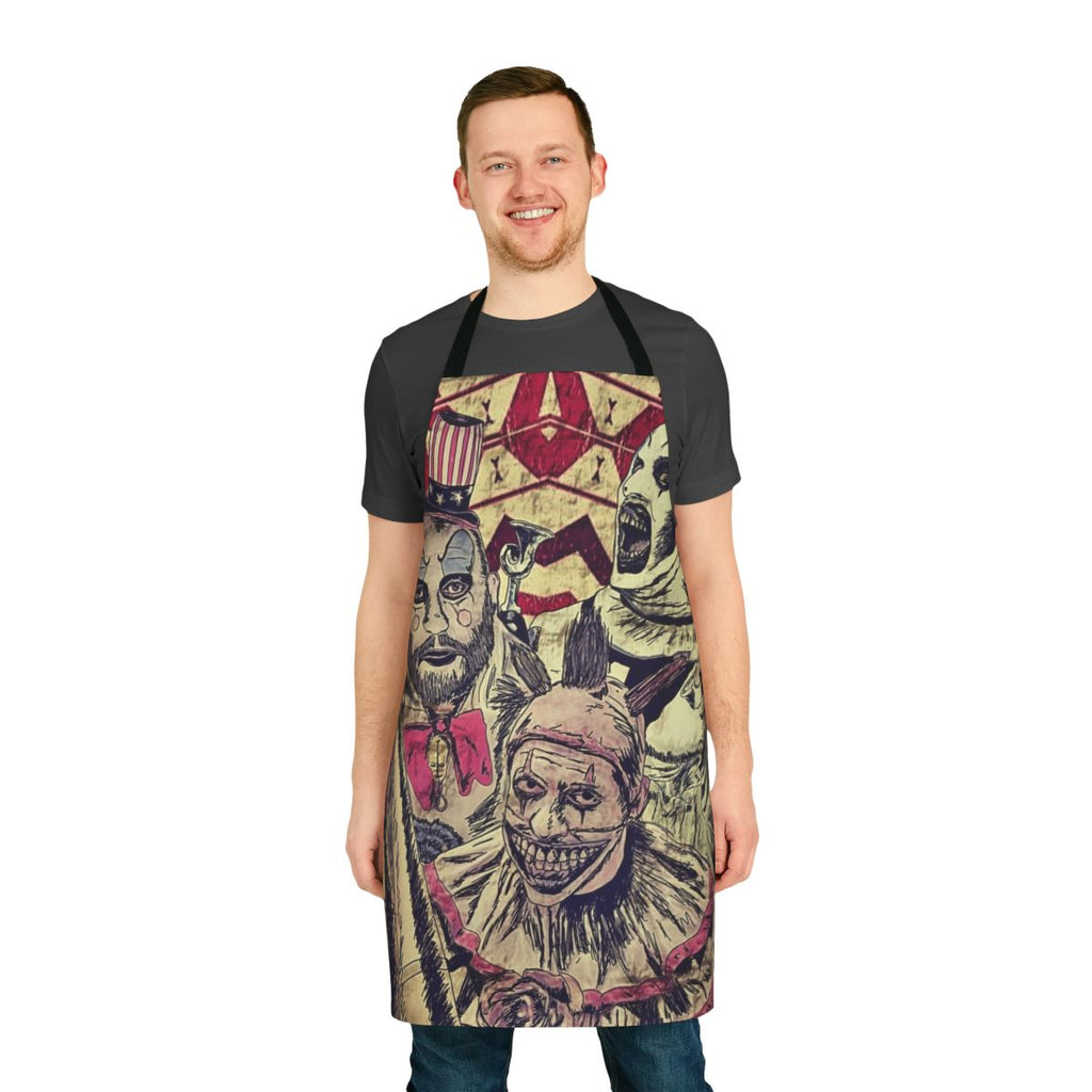 A terrifying clown-themed apron perfect for horror movie enthusiasts.