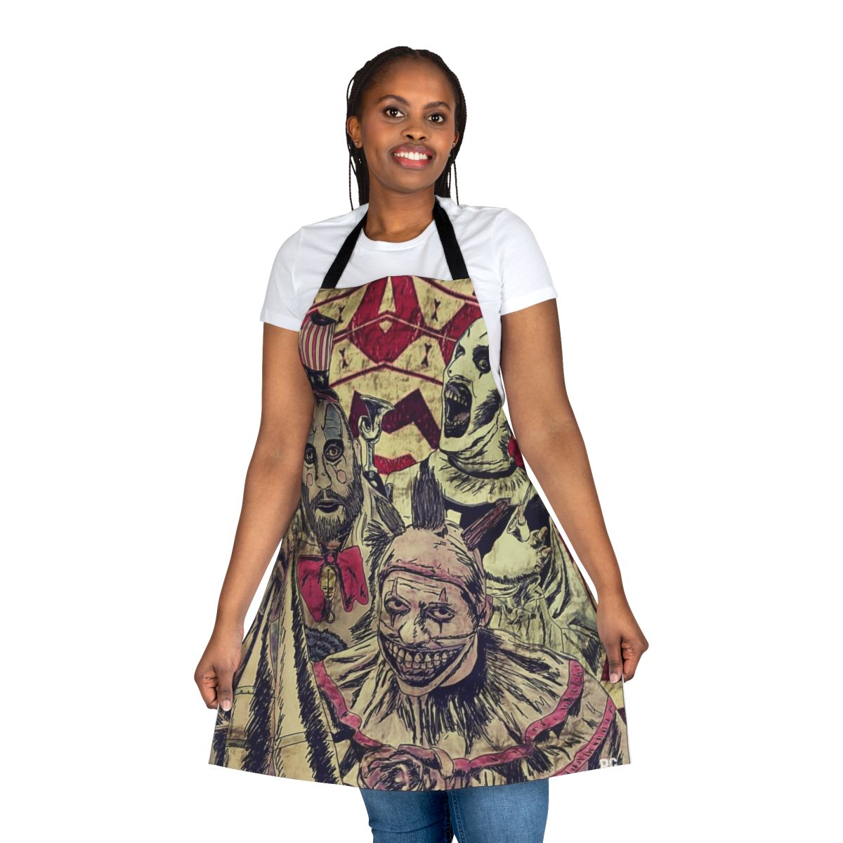 A terrifying clown-themed apron perfect for horror movie enthusiasts.