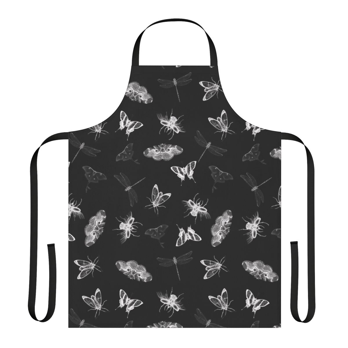 Creepy Crawly Entomological Apron featuring a black and white drawing of various insects, including moths, butterflies, and dragonflies, in a spooky, chilling, and mysterious design.
