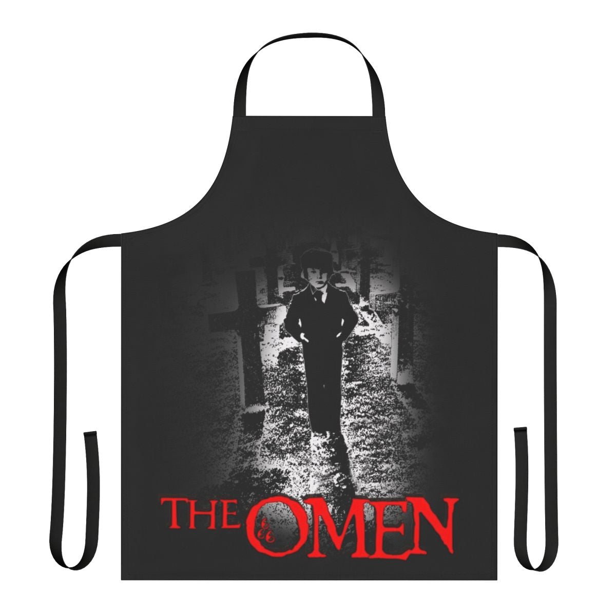 A black apron with a creepy design inspired by the horror movie "The Omen"