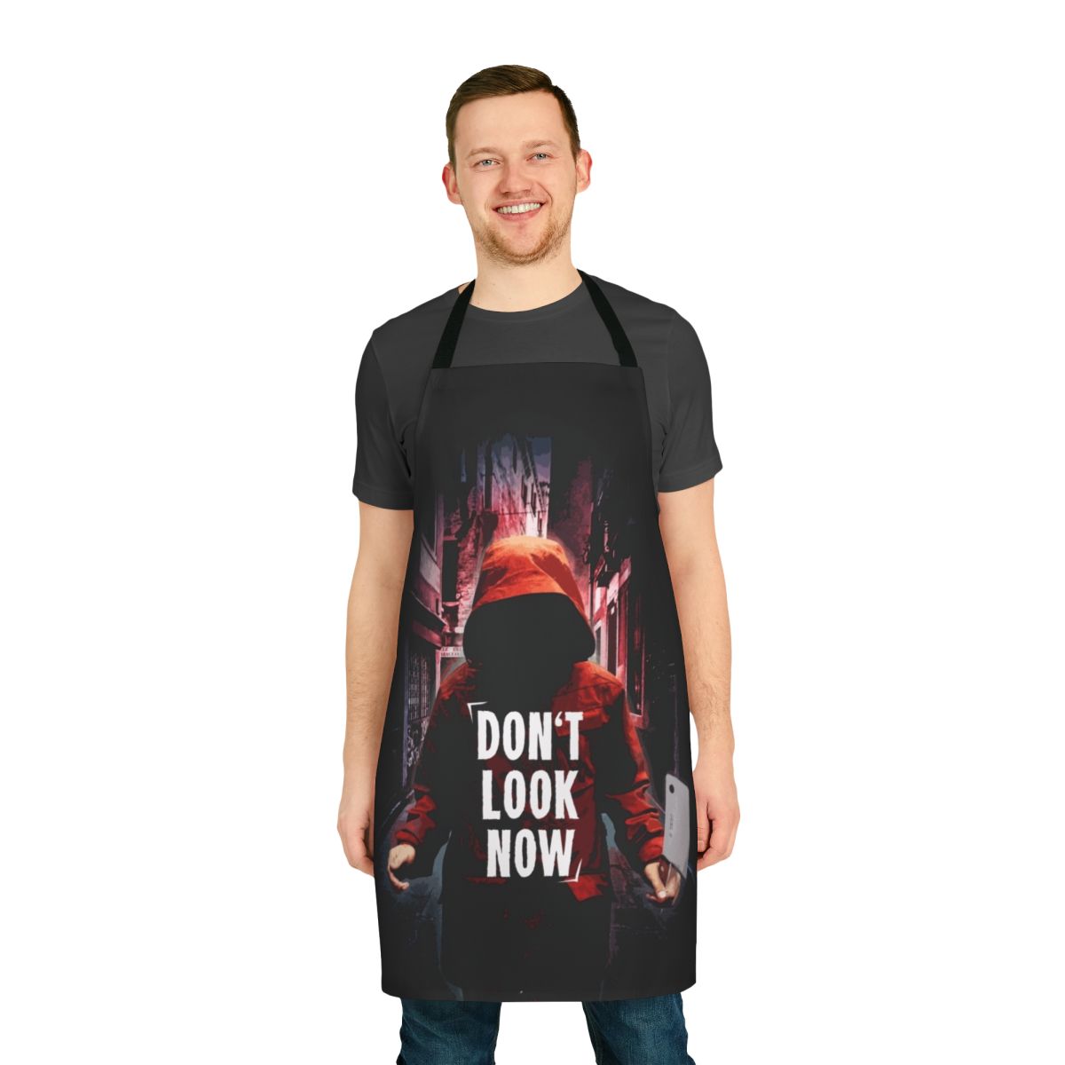 Apron inspired by the classic horror film "Don't Look Now" featuring a dark, eerie design.