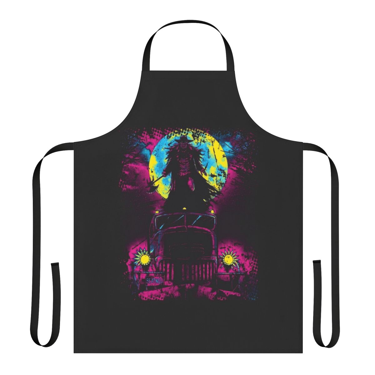 A close-up photograph of a creepy, ghostly apron with glowing eyes