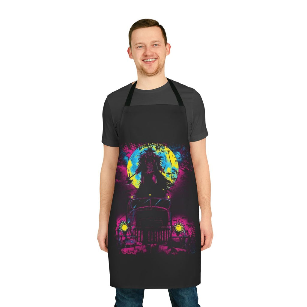 A close-up photograph of a creepy, ghostly apron with glowing eyes