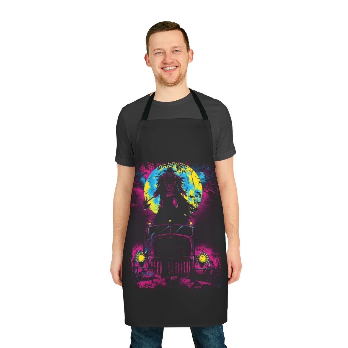 A close-up photograph of a creepy, ghostly apron with glowing eyes