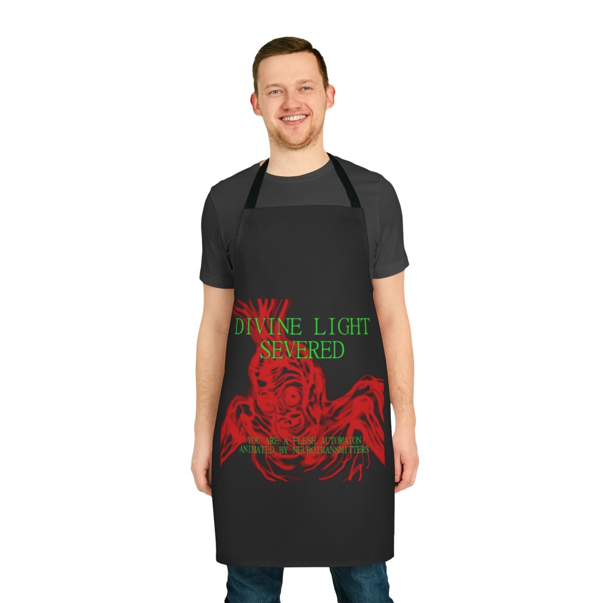 Creepy, surreal apron featuring divine light and horror imagery