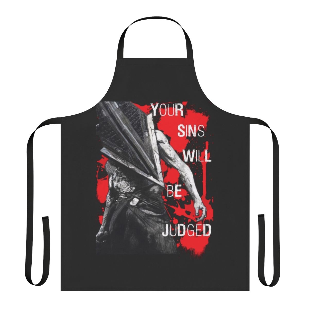 A creepy occult horror apron with a supernatural judgement design.