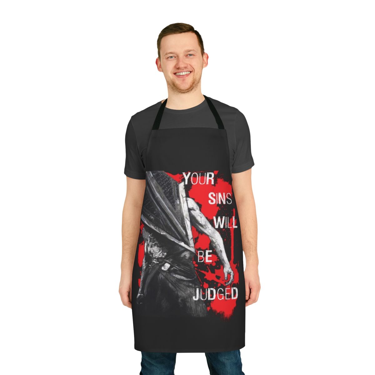 A creepy occult horror apron with a supernatural judgement design.