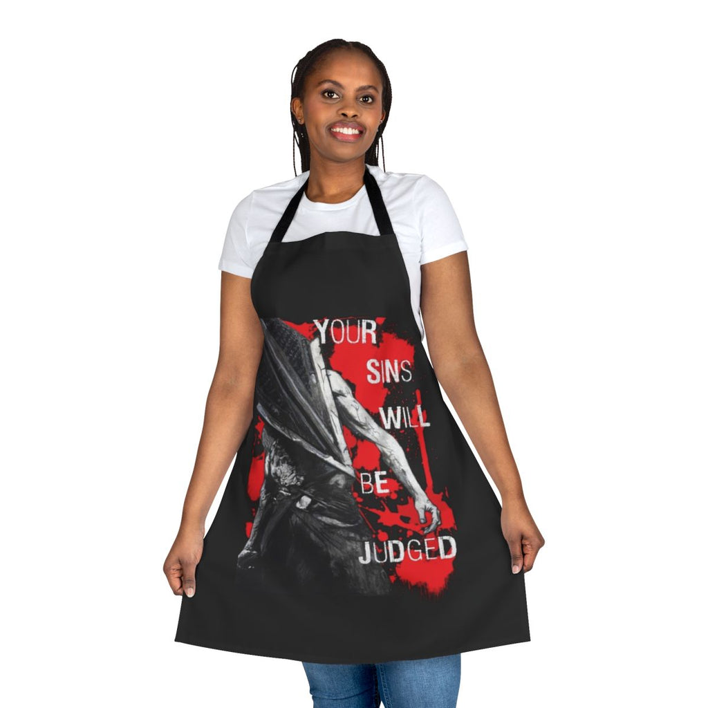A creepy occult horror apron with a supernatural judgement design.