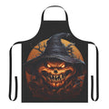 Spooky sinister pumpkin design on a black Halloween apron