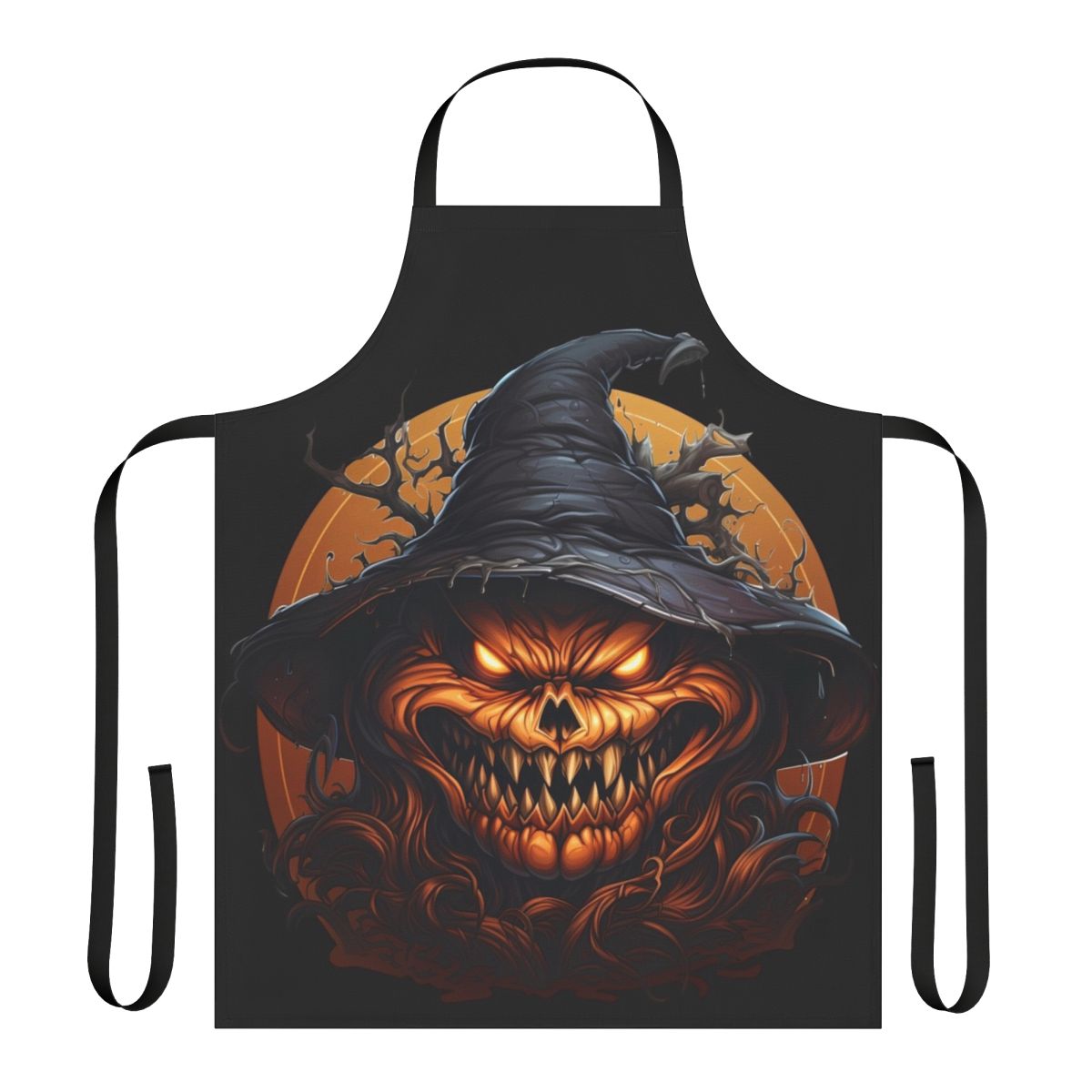 Spooky sinister pumpkin design on a black Halloween apron