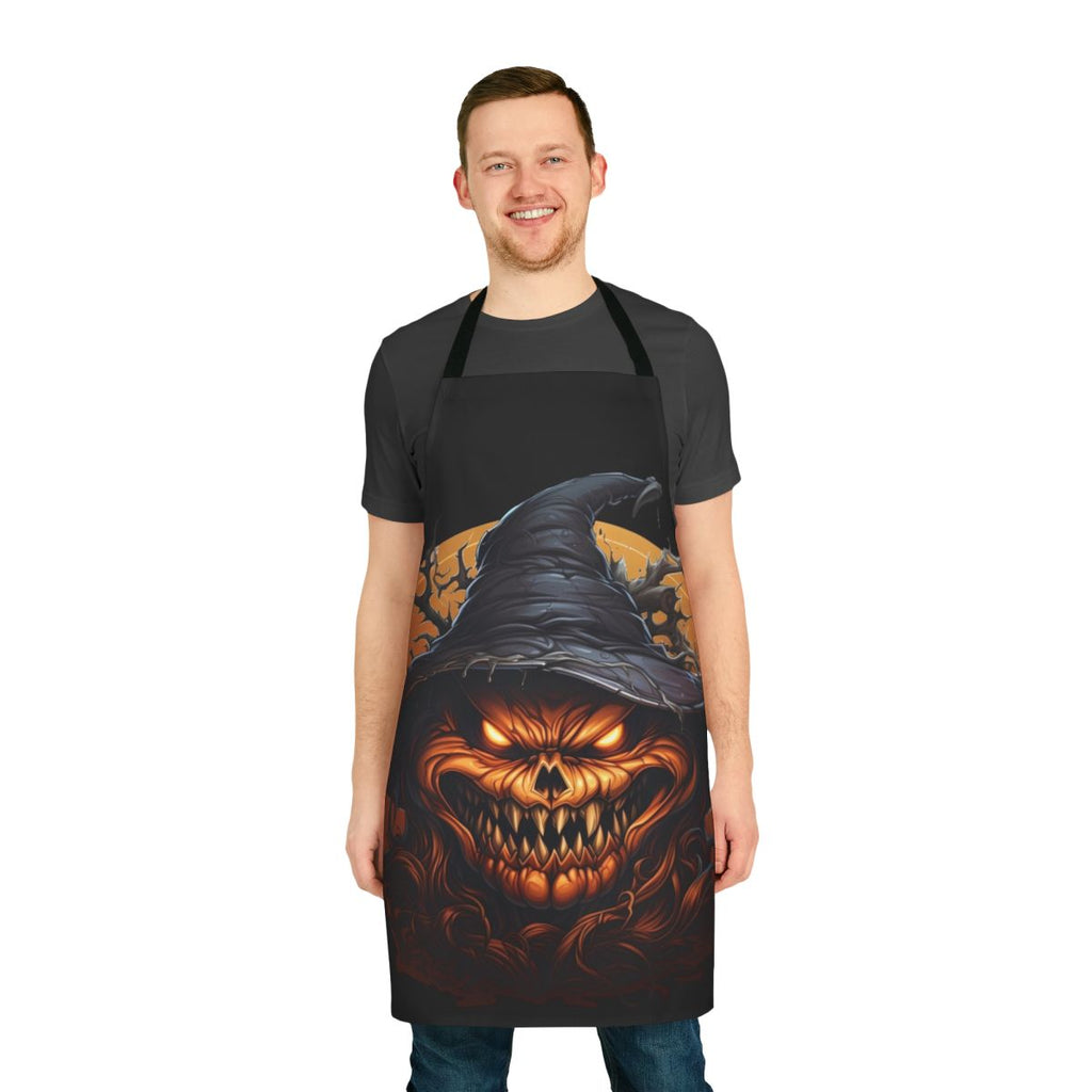 Spooky sinister pumpkin design on a black Halloween apron