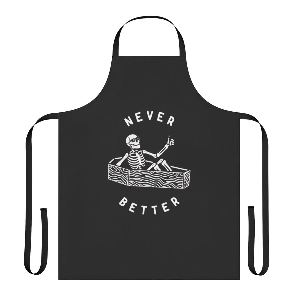 A black and white apron featuring a skeleton design with a humorous, dark theme.