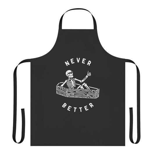 A black and white apron featuring a skeleton design with a humorous, dark theme.