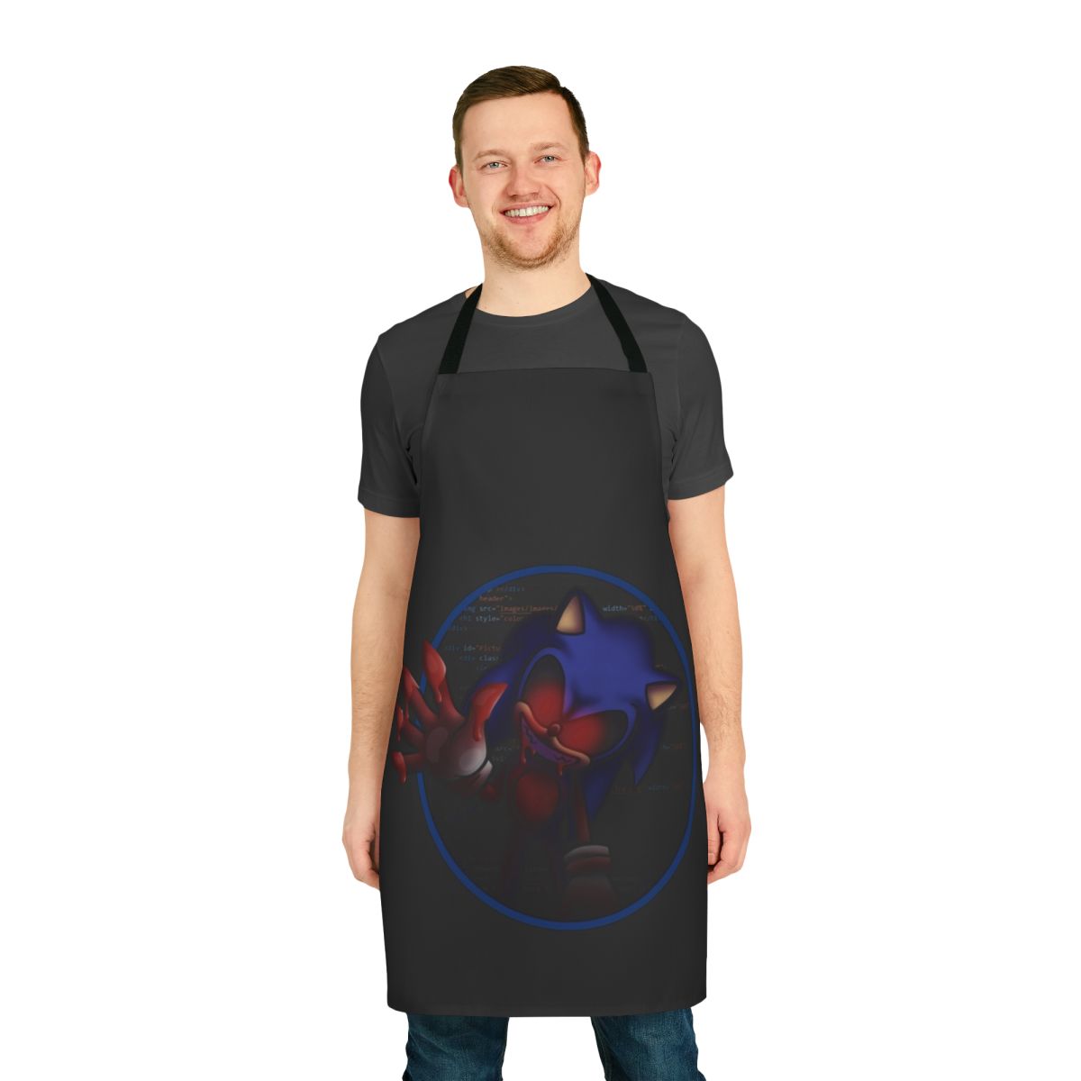 Creepy Sonic Exe inspired apron with horror-themed design