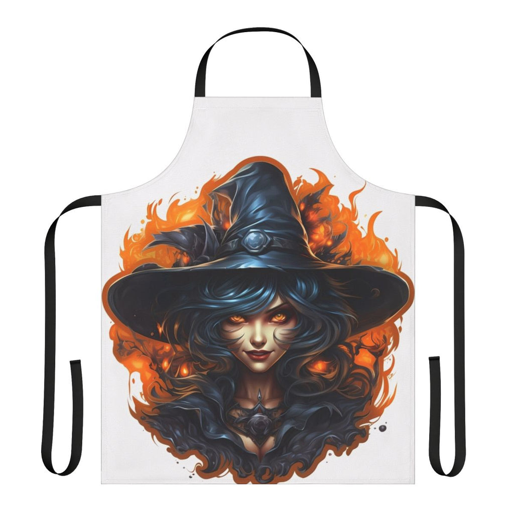Creepy Halloween witch with eerie, sinister look wearing a dark art-inspired apron