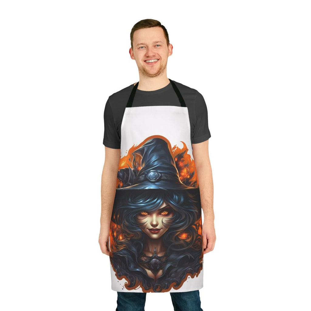 Creepy Halloween witch with eerie, sinister look wearing a dark art-inspired apron