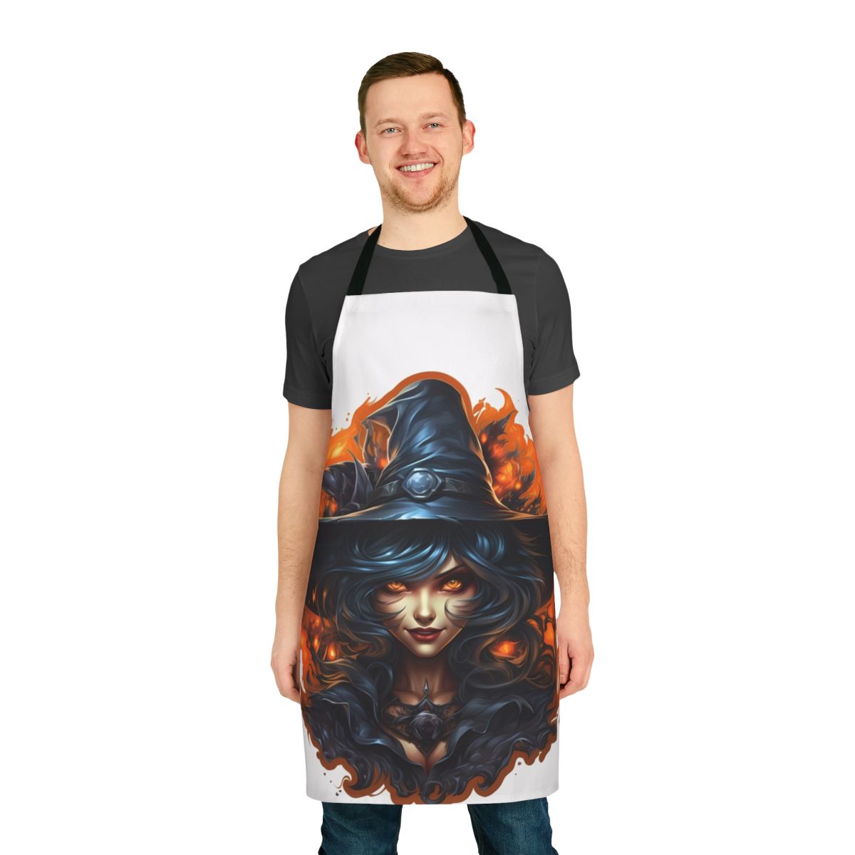 Creepy Halloween witch with eerie, sinister look wearing a dark art-inspired apron