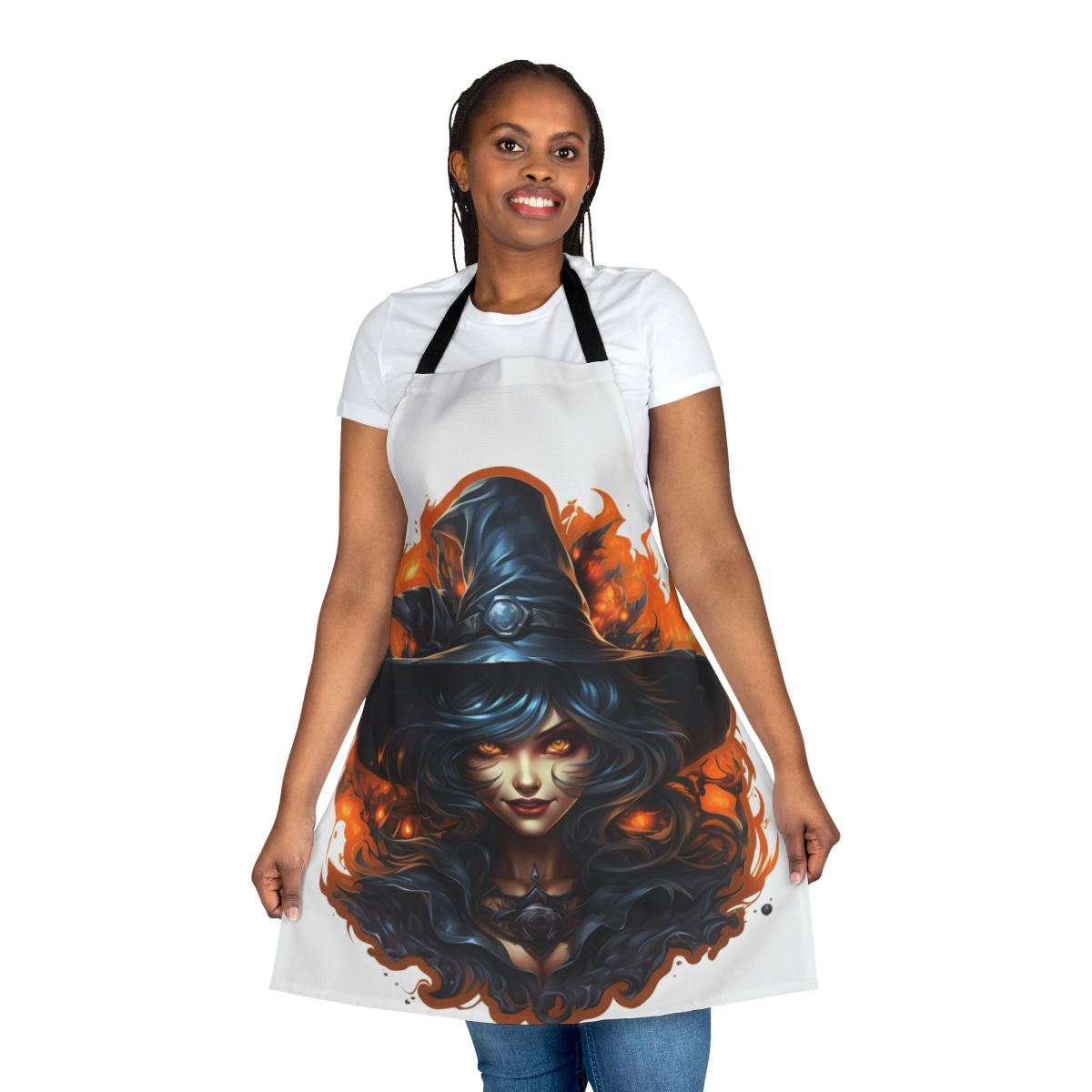 Creepy Halloween witch with eerie, sinister look wearing a dark art-inspired apron