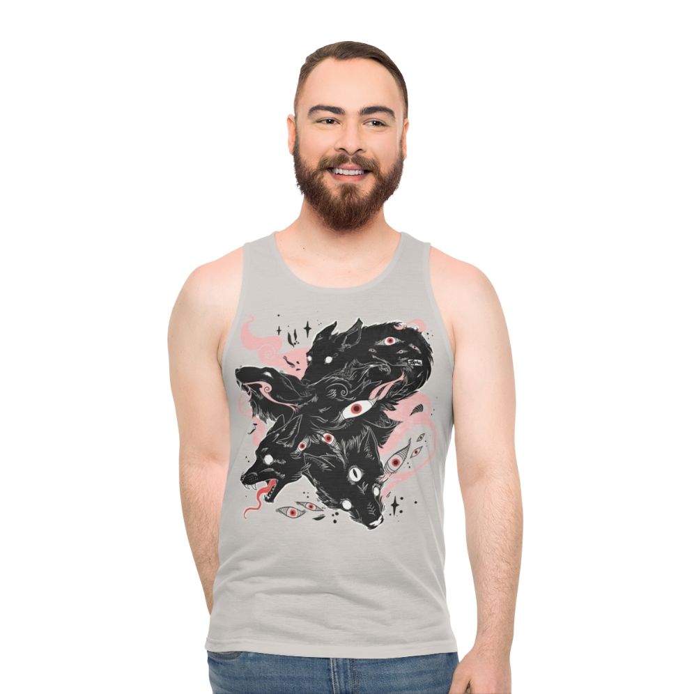Unisex tank top featuring a design with wild wolves and many creepy eyes