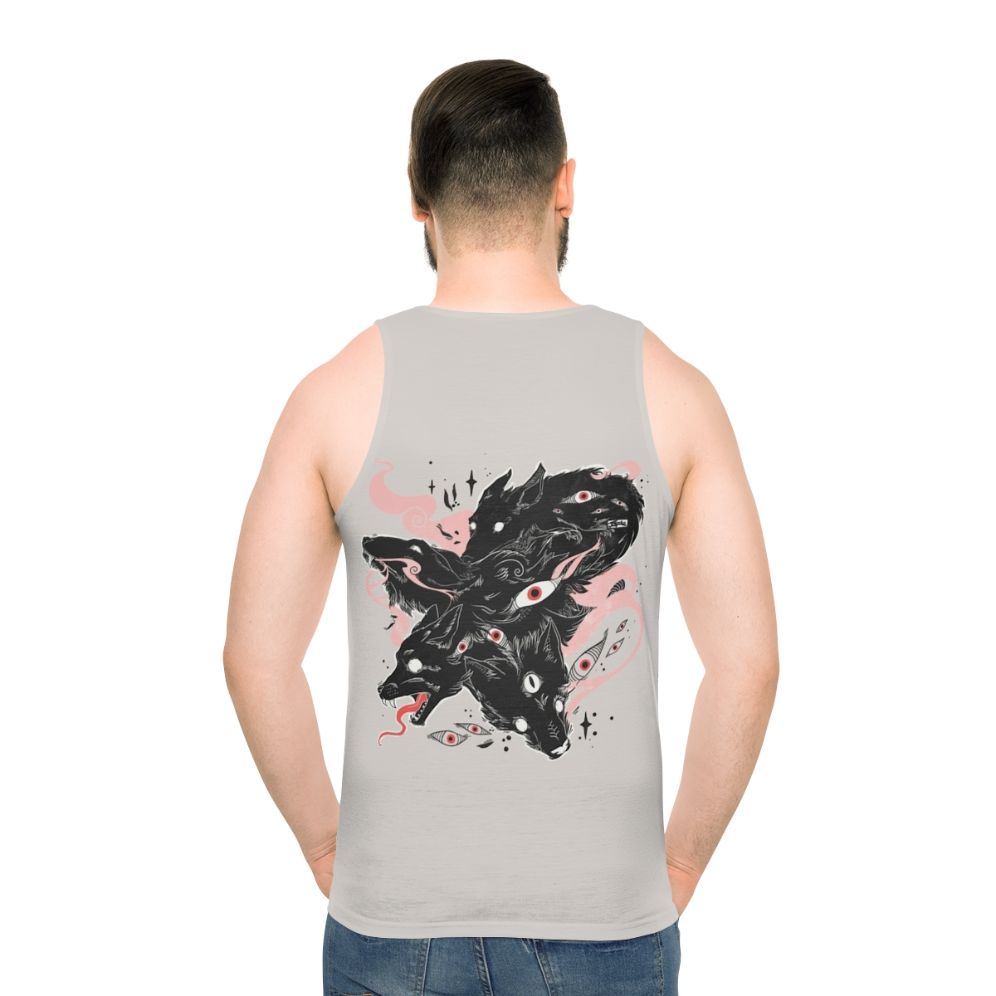 Unisex tank top featuring a design with wild wolves and many creepy eyes