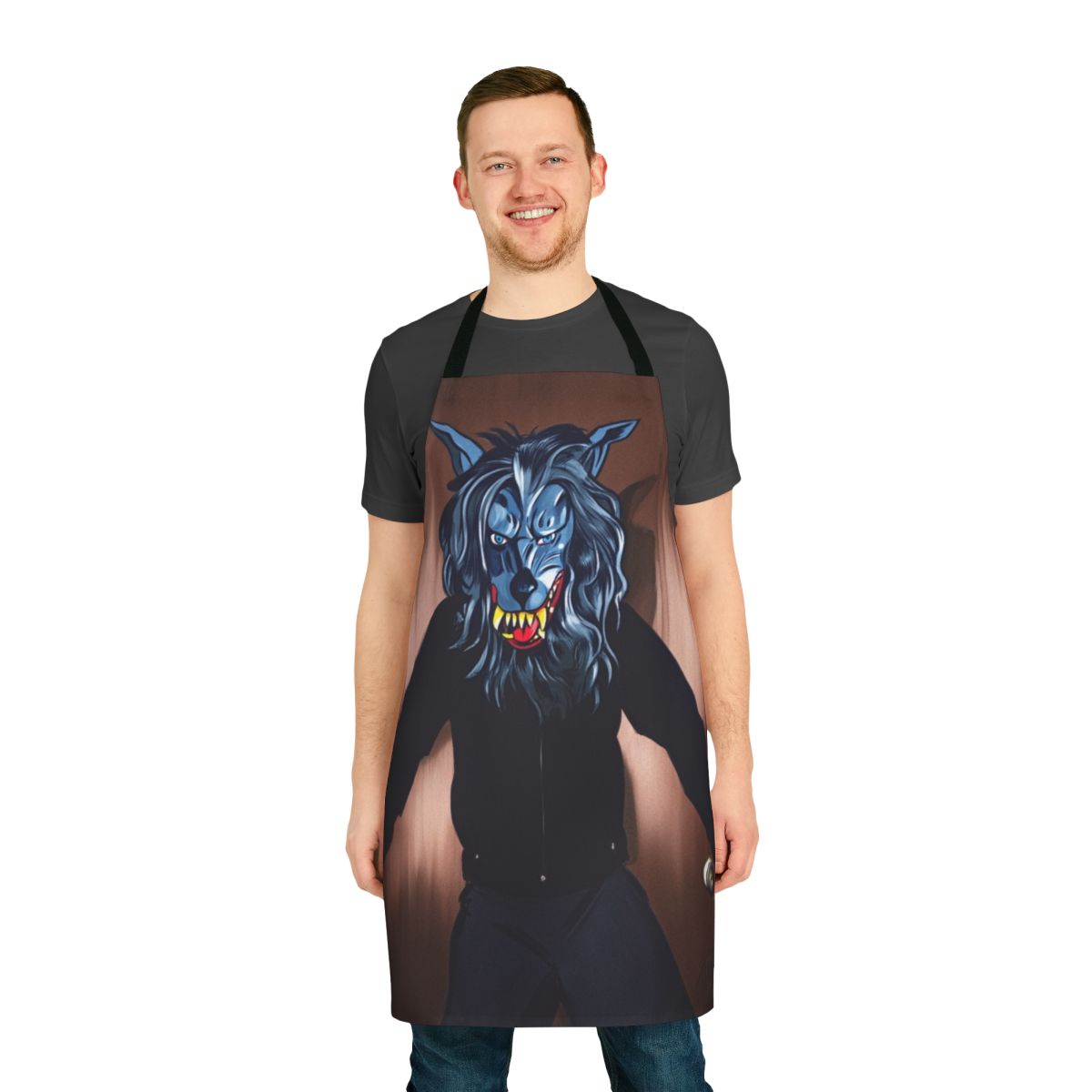 Creepy thriller-style apron with peach fuzz texture