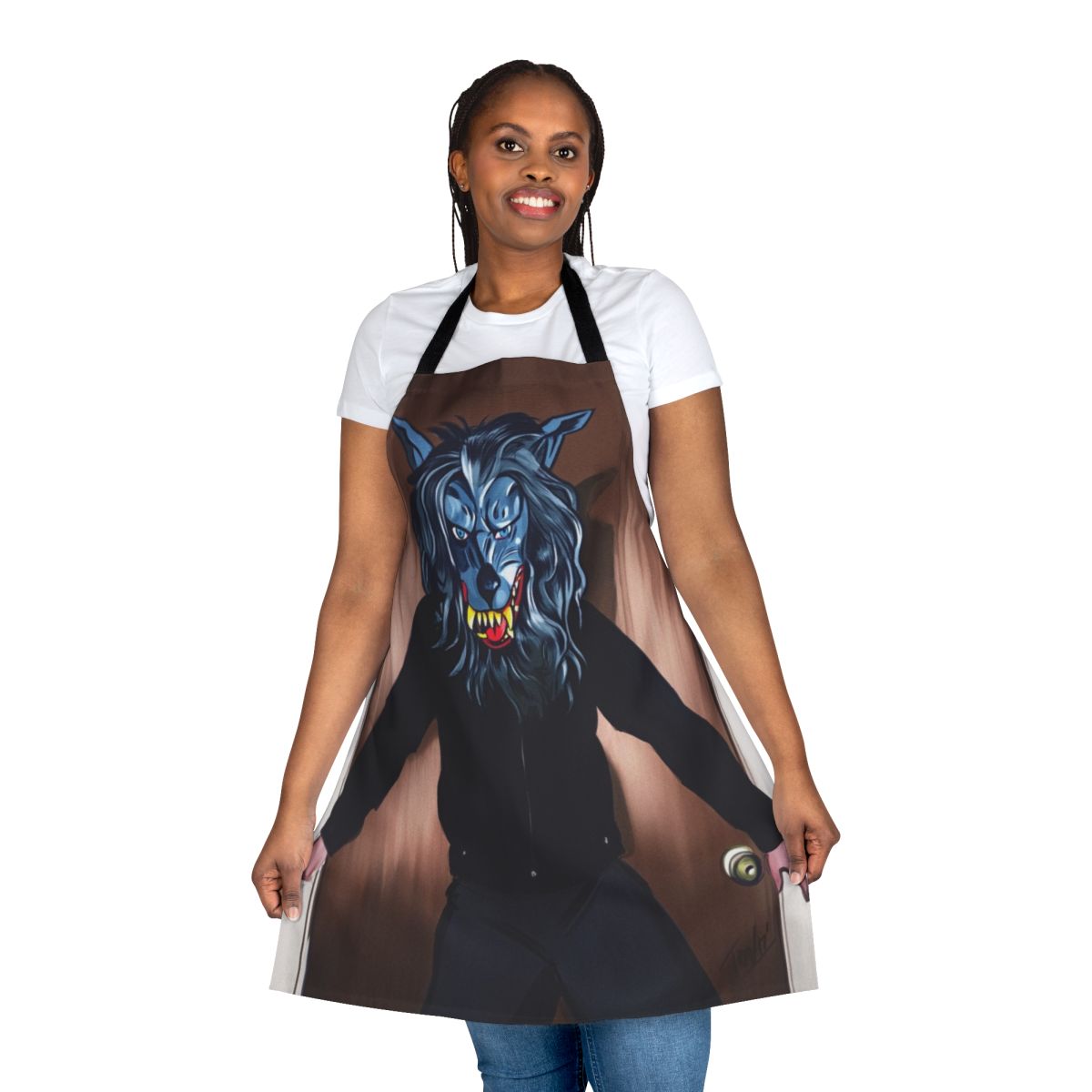 Creepy thriller-style apron with peach fuzz texture