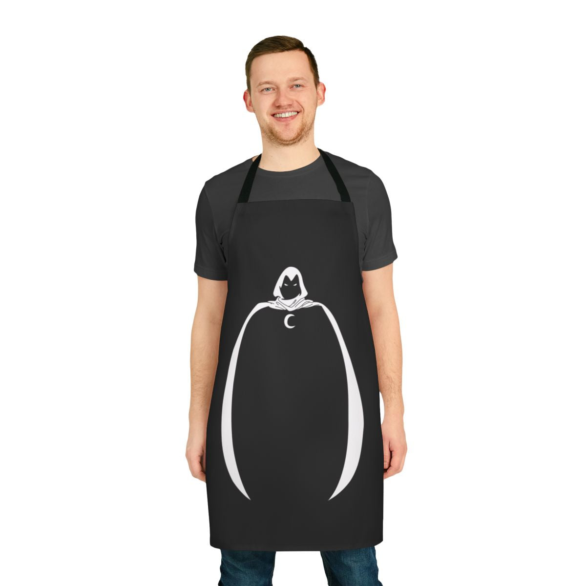 A high-quality apron featuring a crescent moon design, inspired by the Marvel superhero Moon Knight.