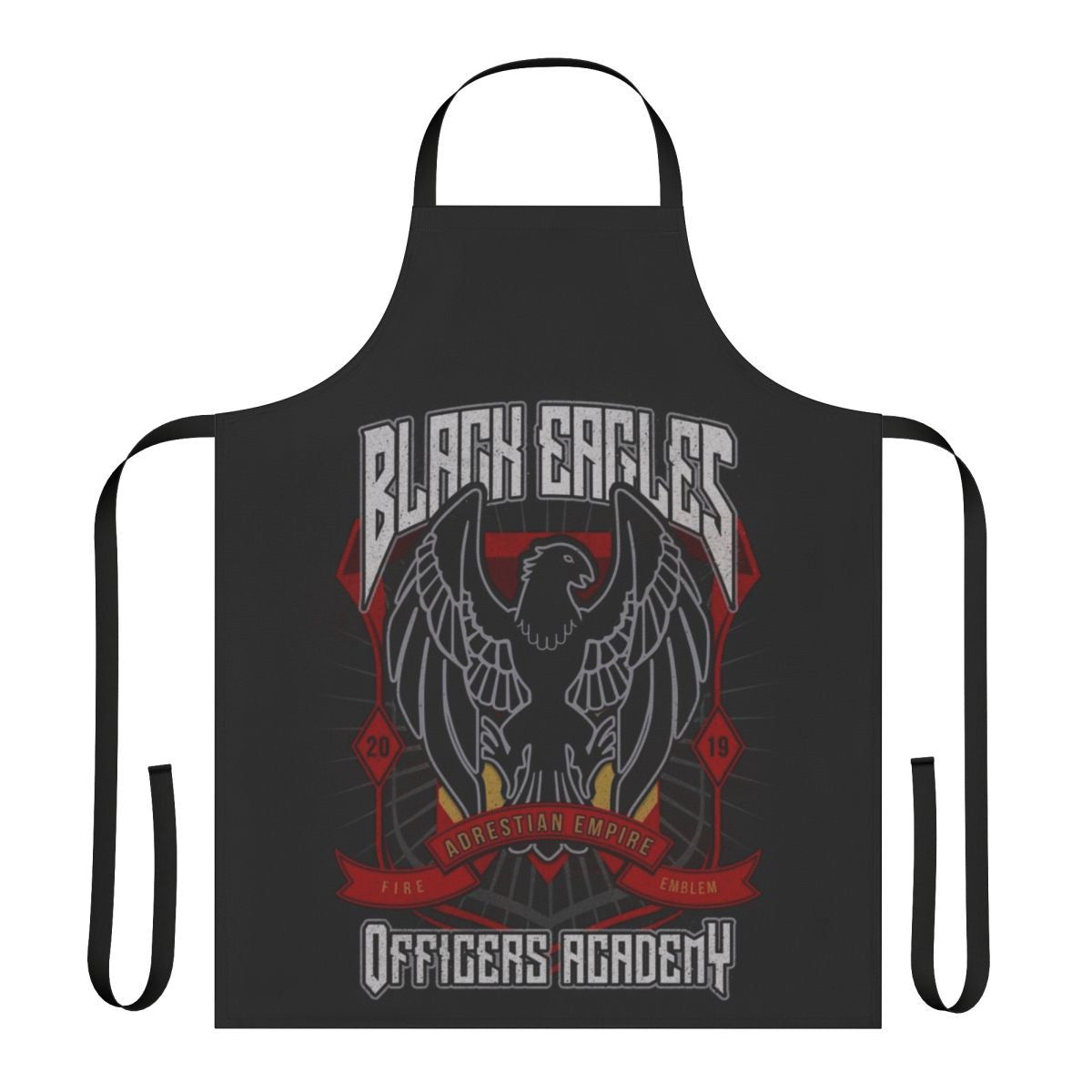 A stylish black apron with the crest of the Black Eagles House from the video game Fire Emblem: Three Houses.
