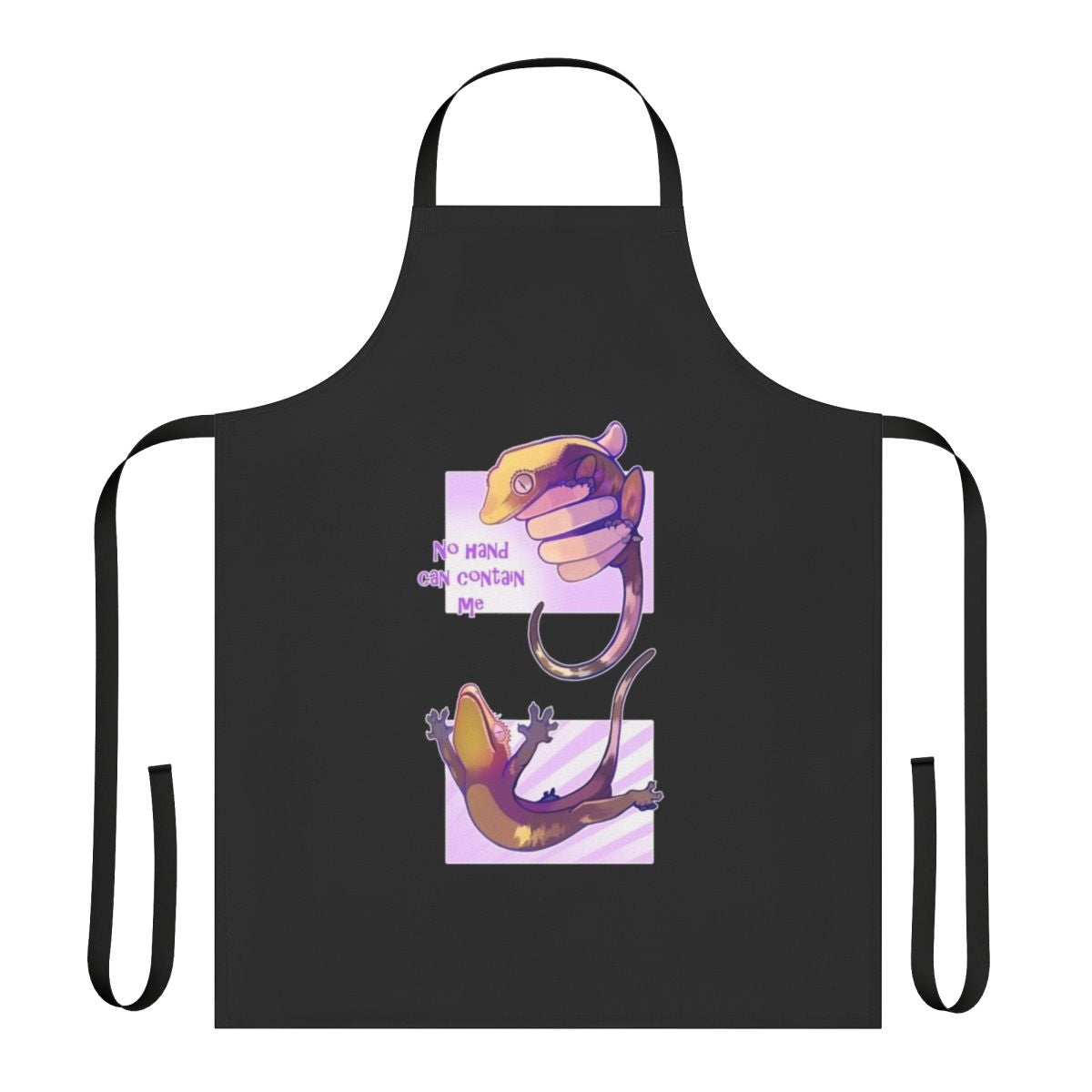 Crested gecko themed apron with the text "No Hand Can Contain Me"