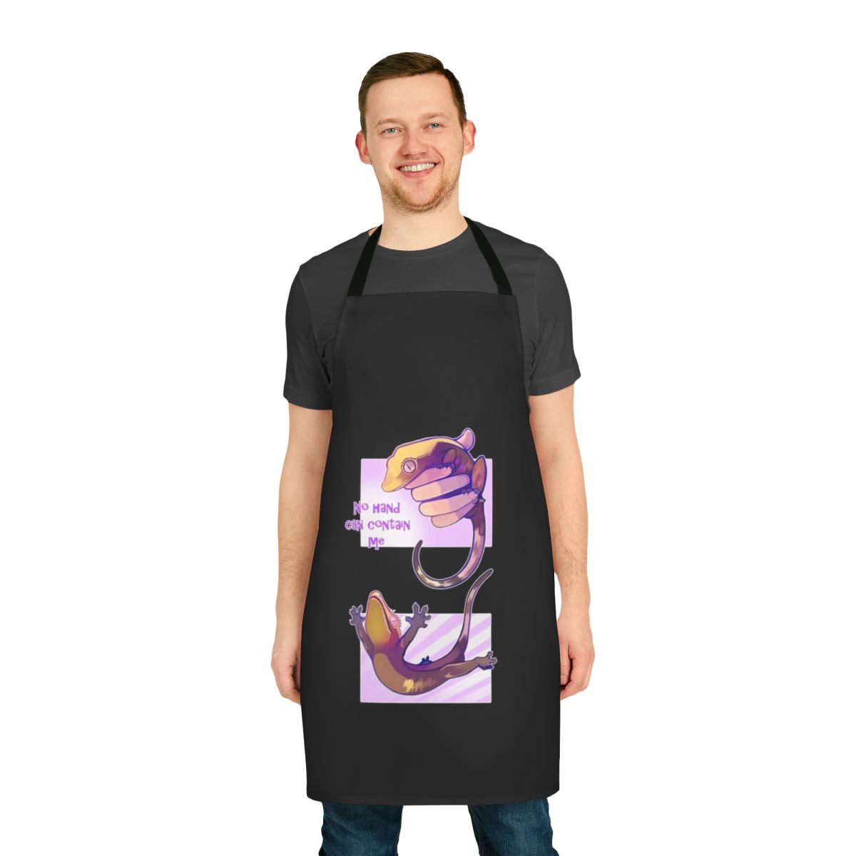 Crested gecko themed apron with the text "No Hand Can Contain Me"