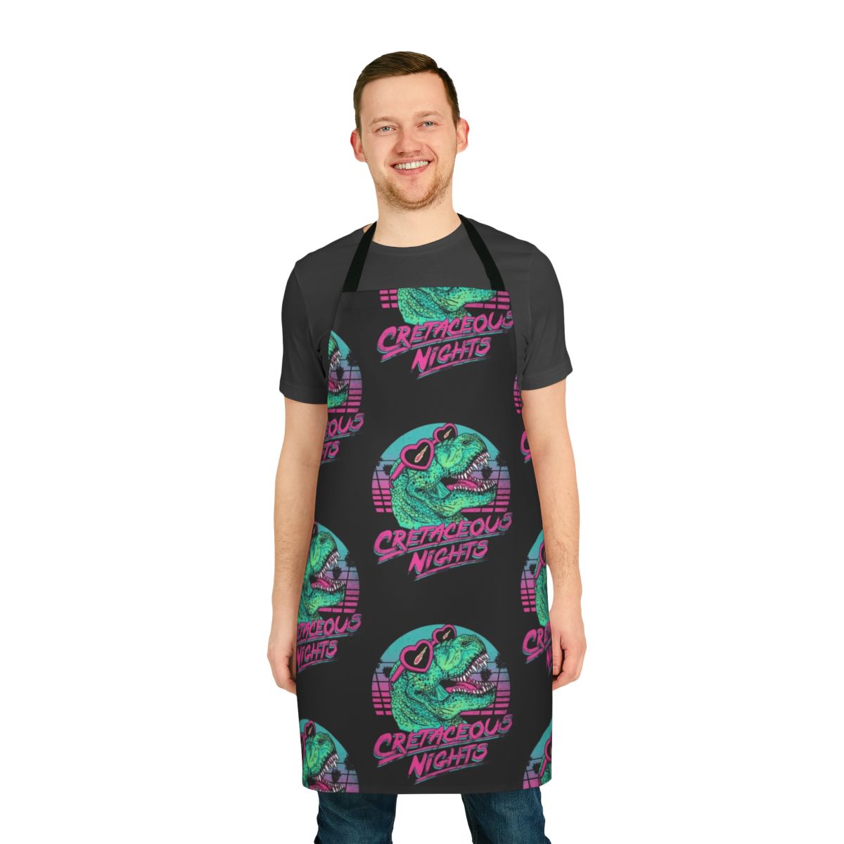 Cretaceous Nights Tyrannosaurus Rex Apron with Retro 80s Dinosaur Graphic Design