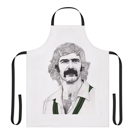 Cricket inspired apron with a design featuring legendary Australian cricketer Dennis Lillee