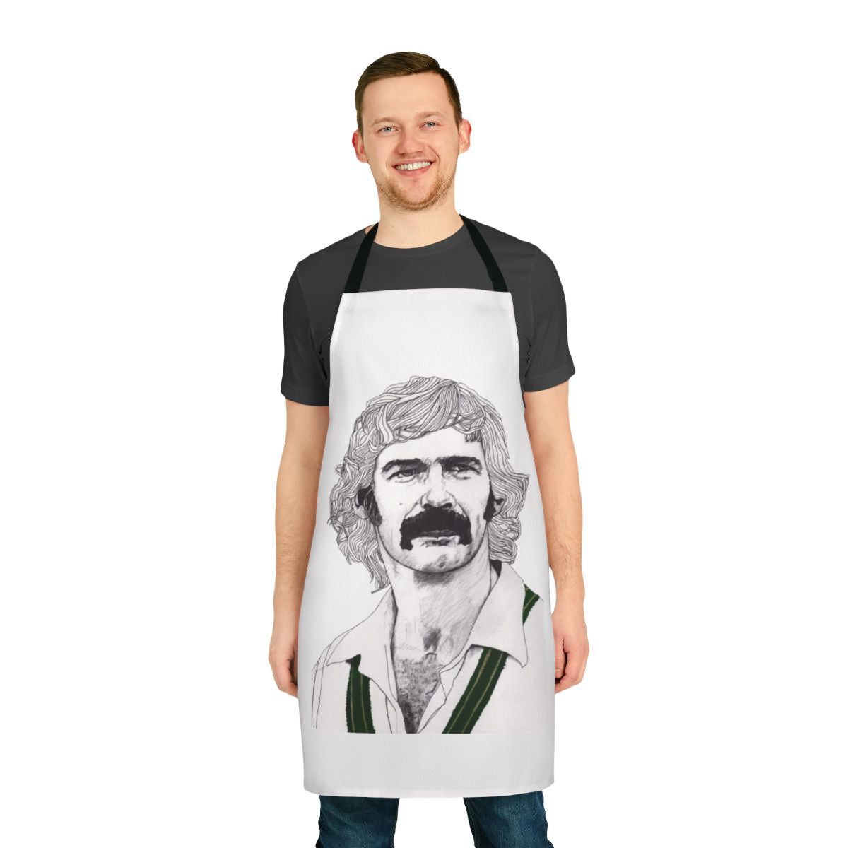 Cricket inspired apron with a design featuring legendary Australian cricketer Dennis Lillee