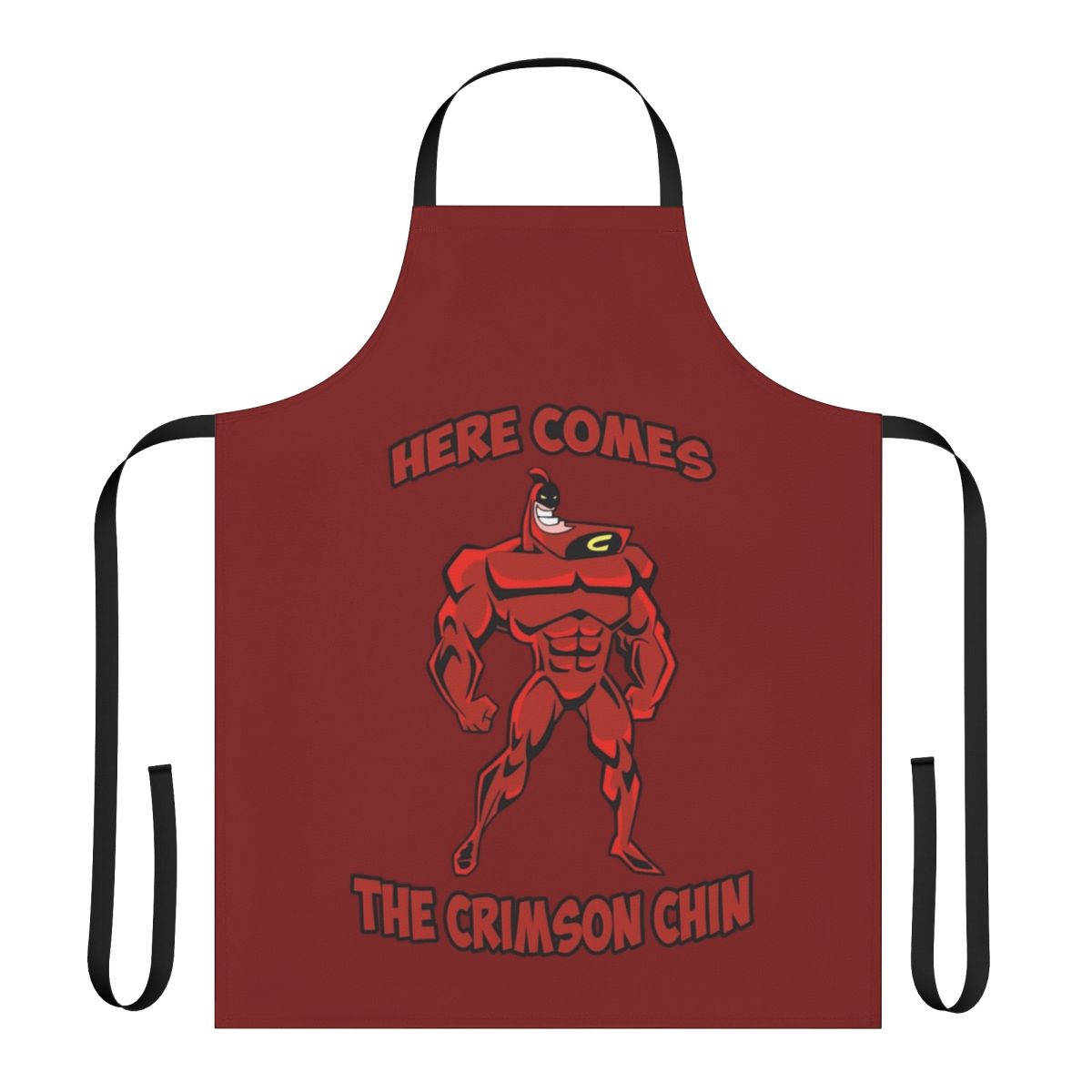 Crimson Chin-inspired funny apron with the iconic cleft chin design