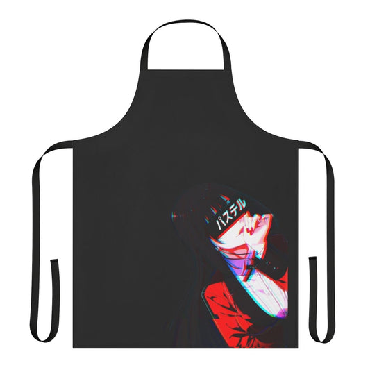 Crimson cyberpunk-style anime apron featuring Kakegurui character Yumeko Jabami