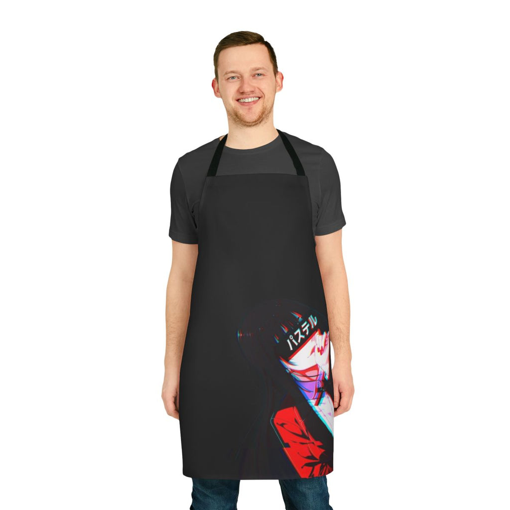 Crimson cyberpunk-style anime apron featuring Kakegurui character Yumeko Jabami