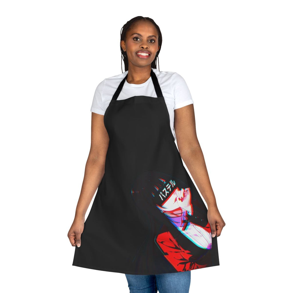 Crimson cyberpunk-style anime apron featuring Kakegurui character Yumeko Jabami