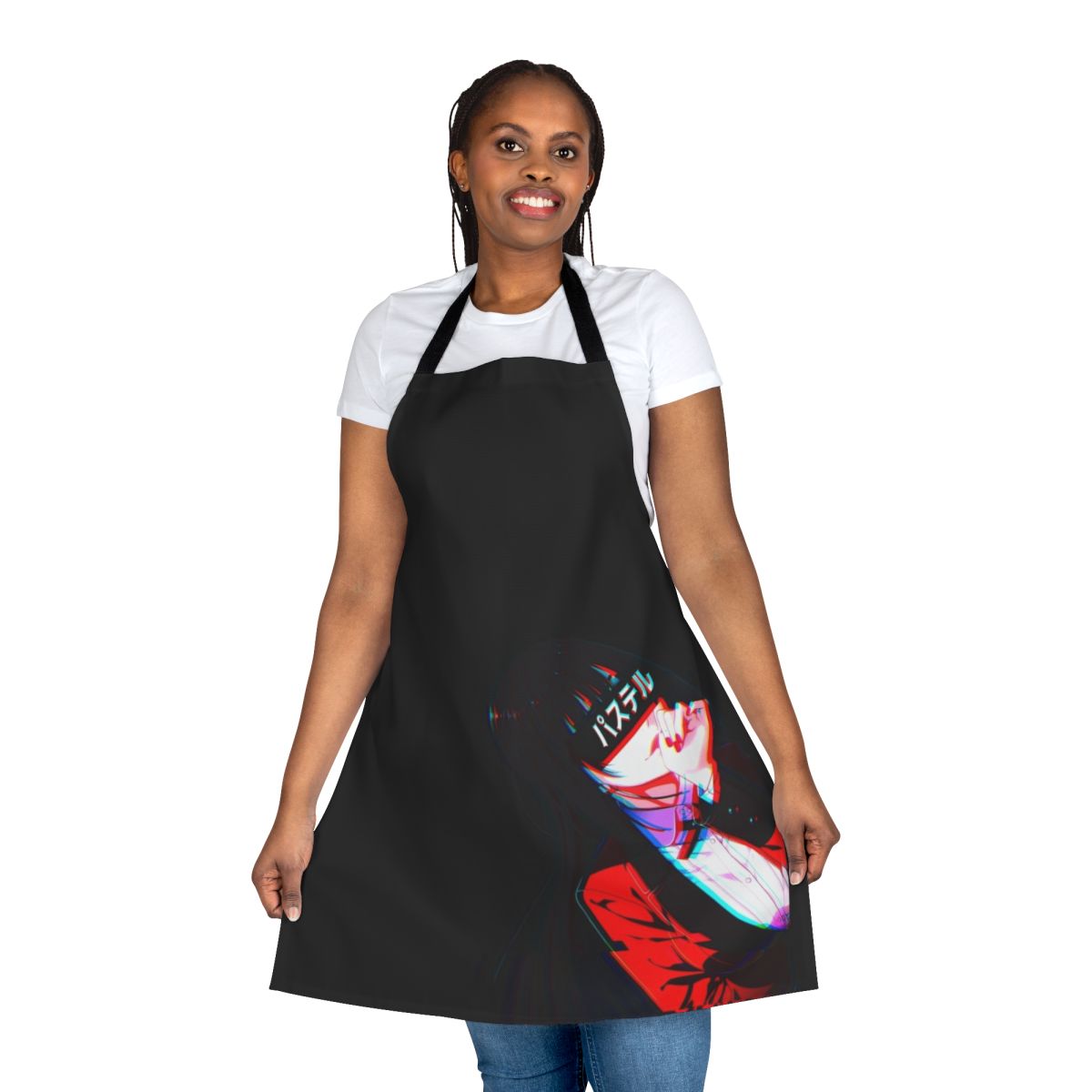 Crimson cyberpunk-style anime apron featuring Kakegurui character Yumeko Jabami