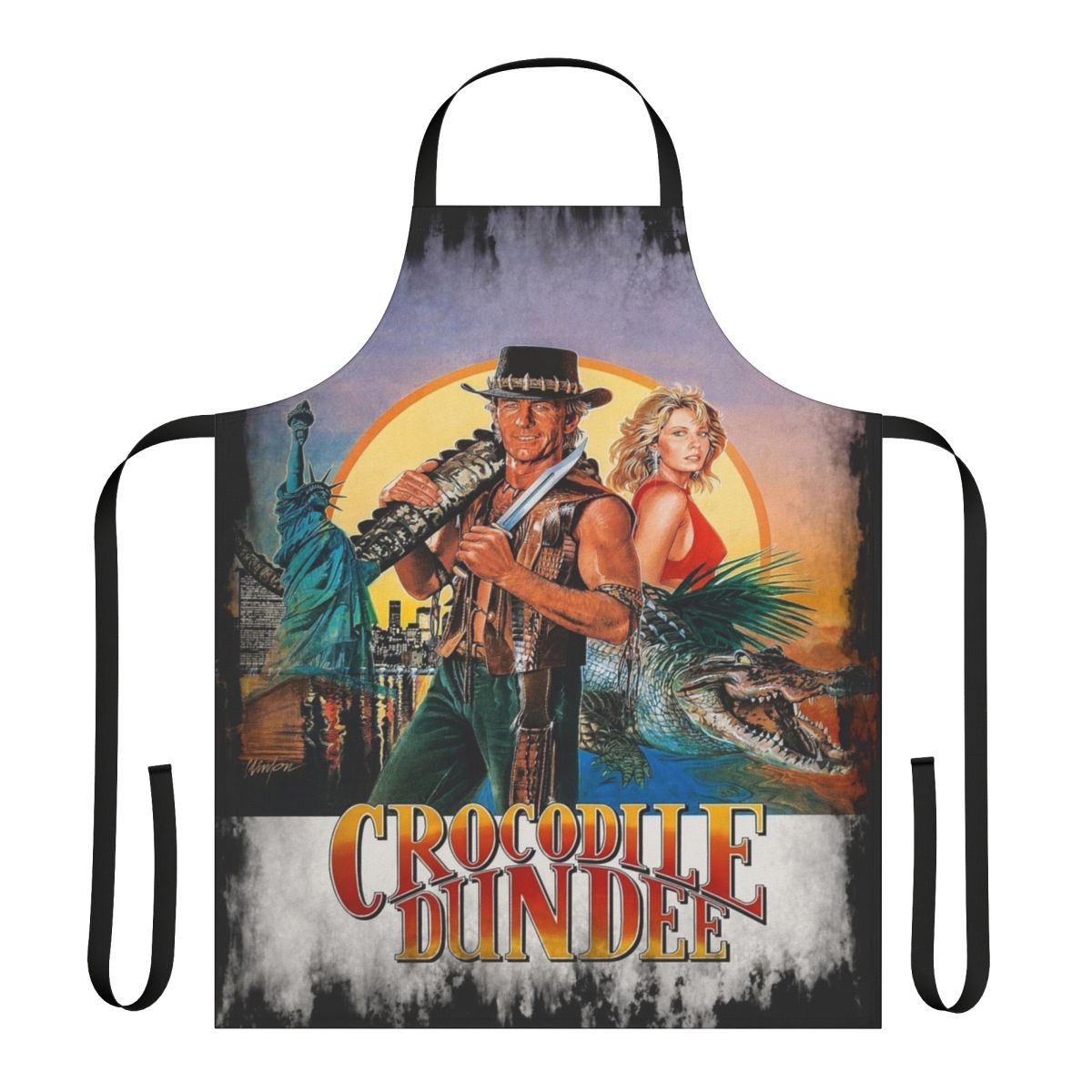Crocodile Dundee-themed apron featuring iconic Australian imagery and characters
