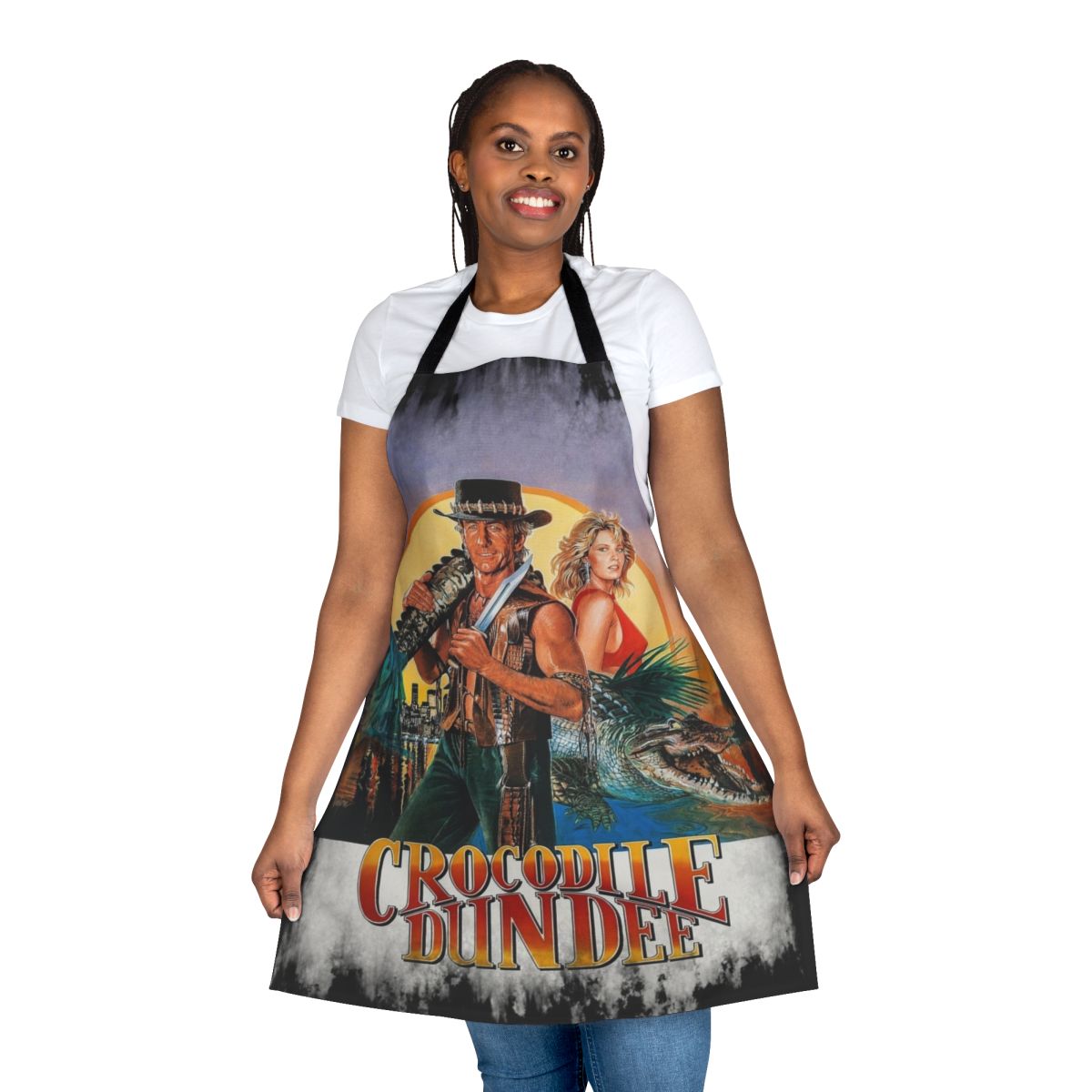 Crocodile Dundee-themed apron featuring iconic Australian imagery and characters