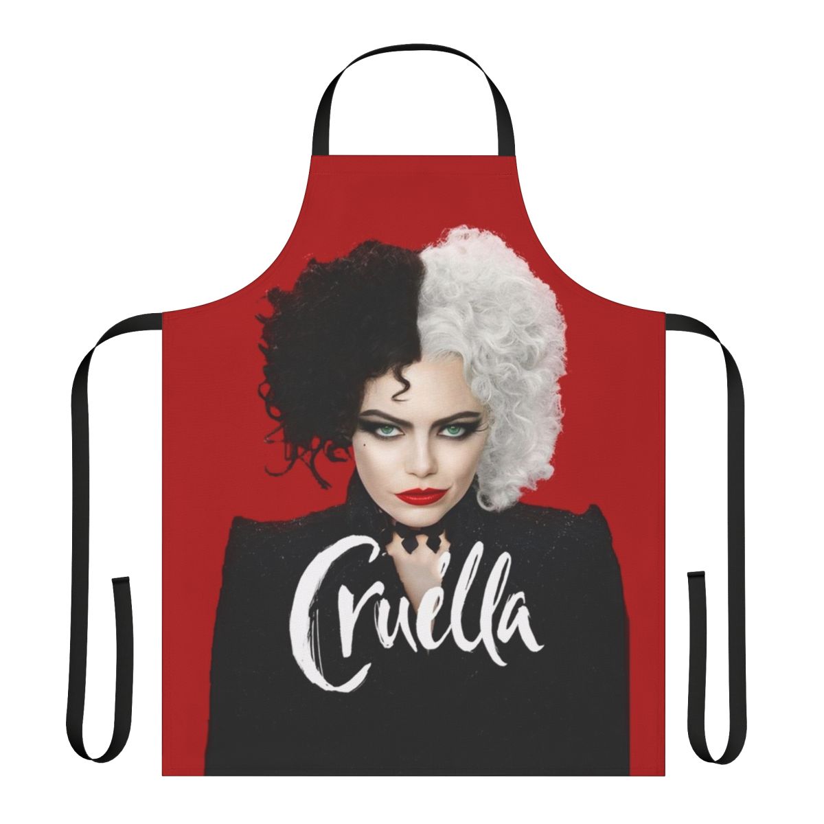 Cruella-inspired apron with black-and-white color scheme and Cruella de Vil graphic