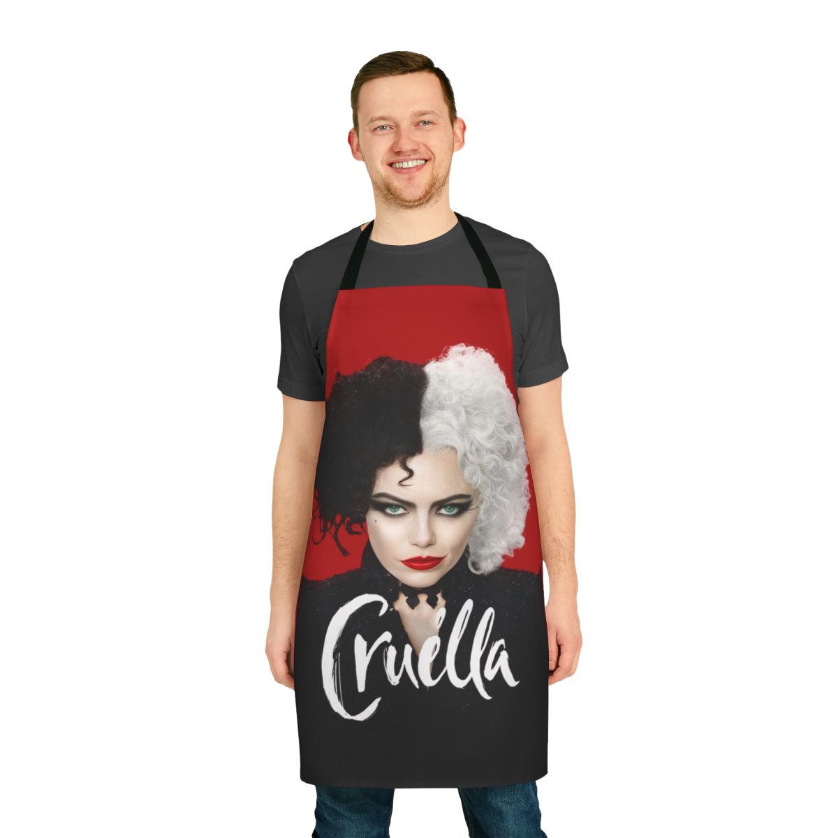 Cruella-inspired apron with black-and-white color scheme and Cruella de Vil graphic