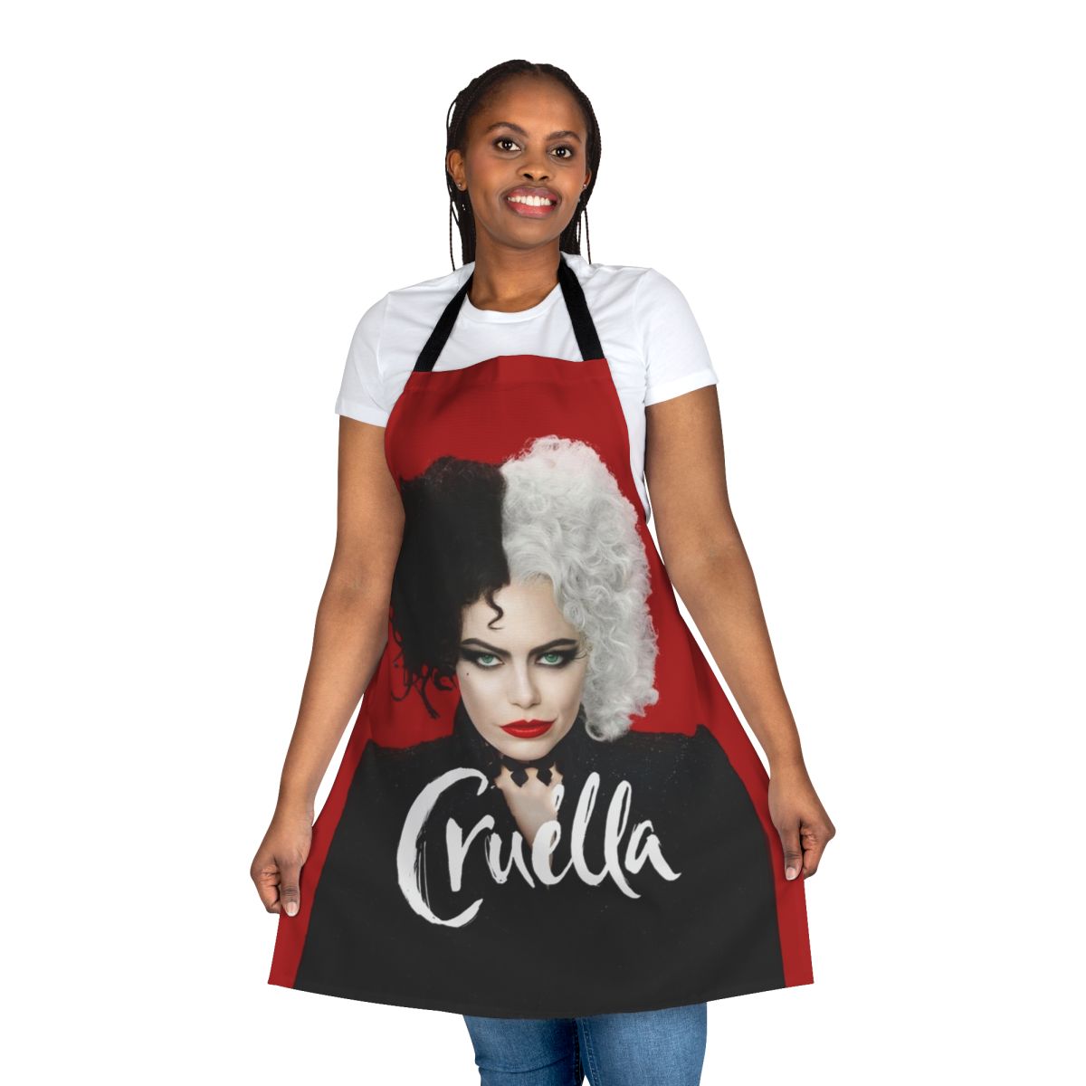 Cruella-inspired apron with black-and-white color scheme and Cruella de Vil graphic