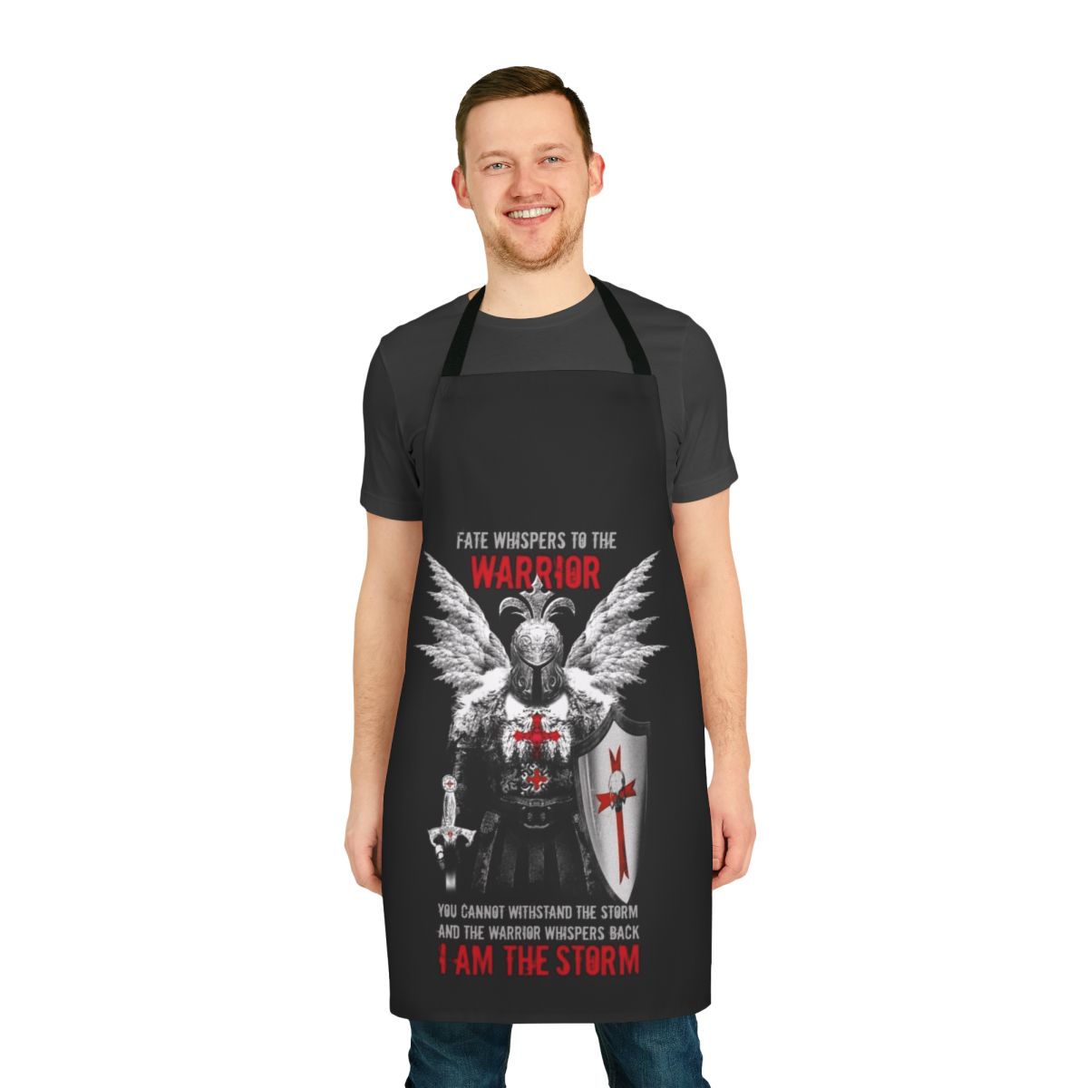 A high-quality apron featuring a knights templar warrior design, perfect for culinary, fitness, or DIY projects.