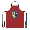 Image of a navy blue apron featuring a design inspired by Lego's Crusader knights, with crossed axes and a shield crest.