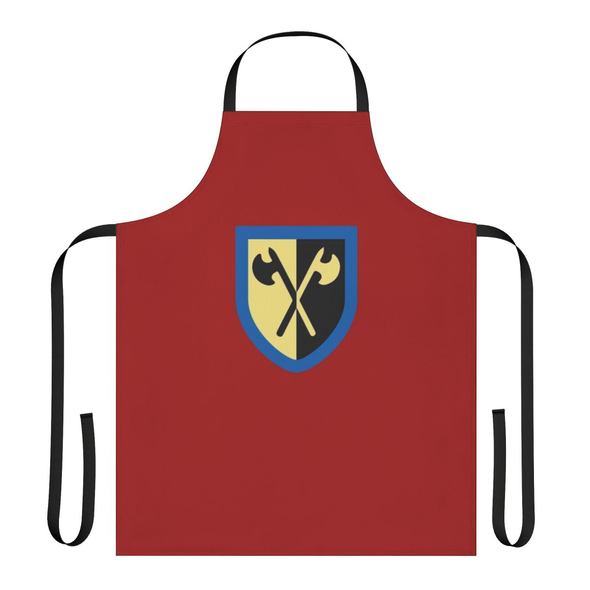 Image of a navy blue apron featuring a design inspired by Lego's Crusader knights, with crossed axes and a shield crest.