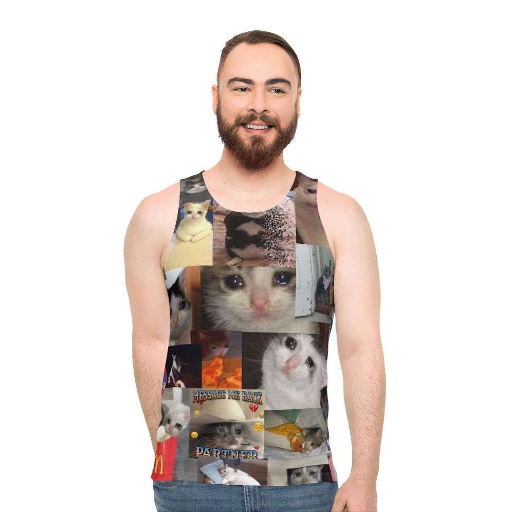 Crying cat design on a unisex tank top