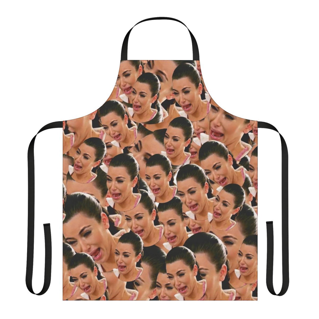 Graphic collage design of crying Kim Kardashian on a white apron
