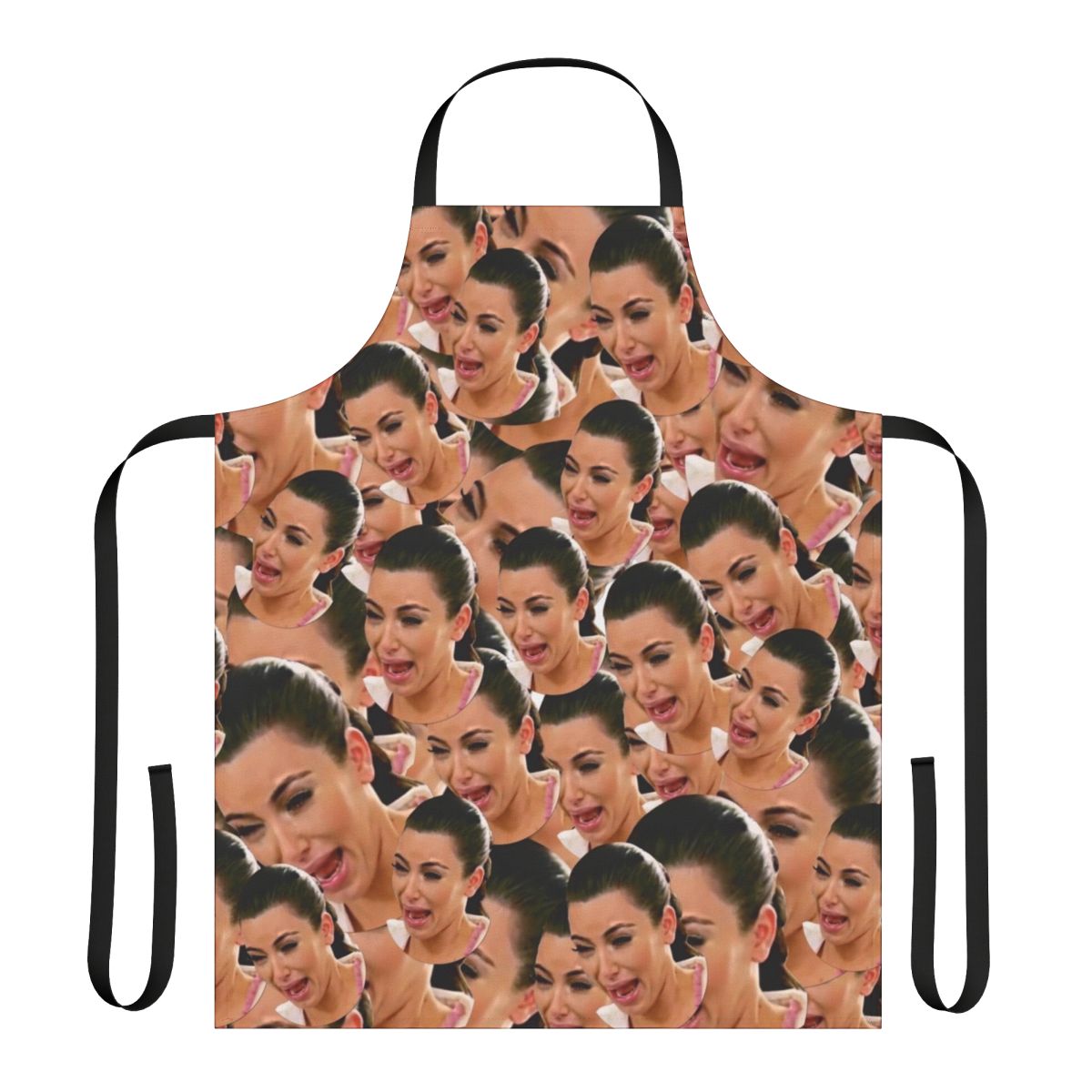 Graphic collage design of crying Kim Kardashian on a white apron