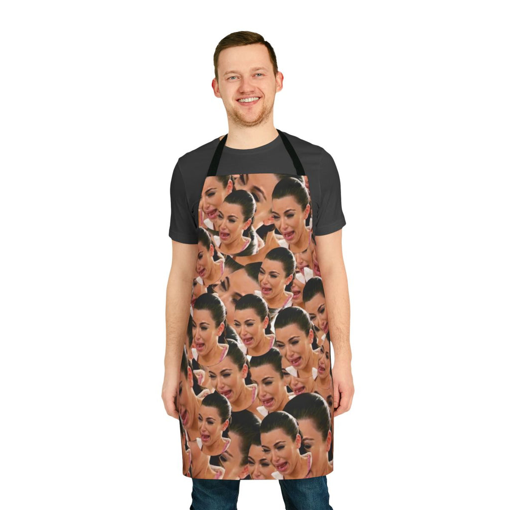 Graphic collage design of crying Kim Kardashian on a white apron